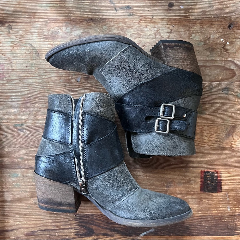 Western Black Gray Distressed Leather Harness Women's Ankle Boots Heels 37 US 7